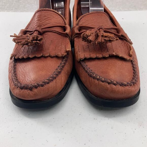 Dexter Comfort Brown Leather Tassel Fringe Block Heel Slip On Loafer Shoes - Picture 8 of 11
